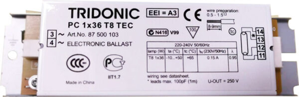 TRIDONIC ELECTRONIC BALLAST PC 1X36 T8 TEC 87500103